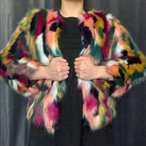 Jealous Tomato colorful patchwork faux fur jacket
